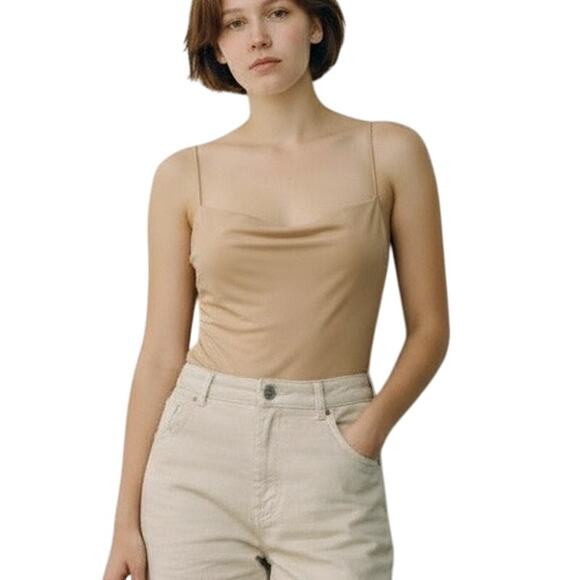 Zara Cami Bodysuit Womens M Tan Cream Spaghetti Strap Body Hugging Casual Chic - Picture 1 of 9